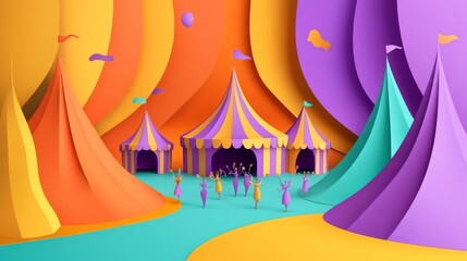 Obraz premium abstract paper cut background carnival festival, 2D flat design carnival tent entrance.