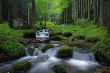 Obraz premium A peaceful forest stream flowing over moss-covered rocks surrounded by lush green trees in a tranquil setting.