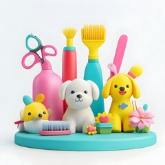 Obraz premium Whimsical Grooming Accessories for Playful Pups on Isolated White Background