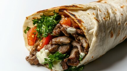 Close-up of a neatly wrapped shawarma, stuffed with grilled meat, vegetables, and sauce, against a white backdrop.