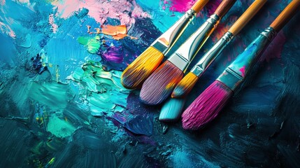 Fototapeta premium Bright splashes of color adorn a palette as paintbrushes rest beside vibrant abstract strokes on canvas, showcasing creativity. Generative AI