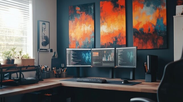 A stylish workspace with dual monitors, sleek office furniture, and abstract motivational art on the walls.