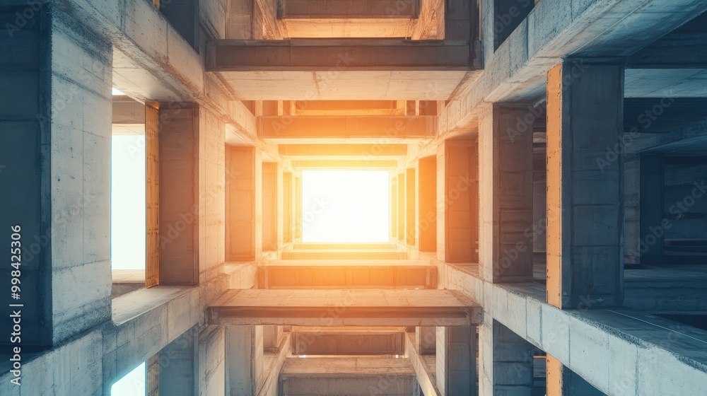 Wall mural glimmer of light through abstract concrete architecture in a symmetric perspective viewpoint