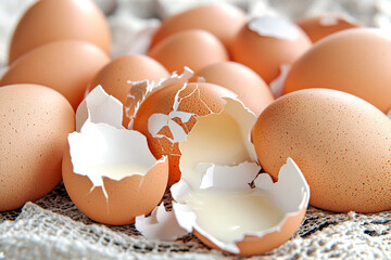 Fresh eggs with broken shells and liquid milk spilling out create visually appealing scene. delicate texture and natural colors evoke sense of freshness and culinary potential