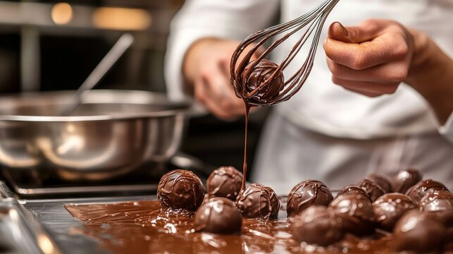 A baker or chocolatier making chocolate bonbons is seen below, whisking melted chocolate and drizzling it onto the counter.