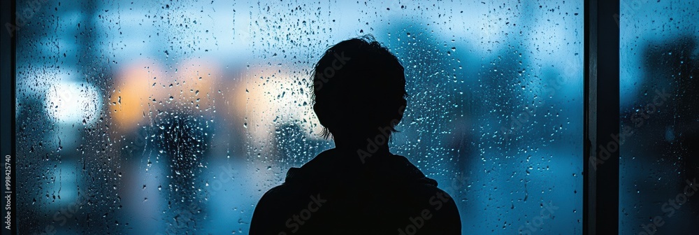 Poster a person stands alone, staring through a rain-soaked window, lost in thought amidst a backdrop of me