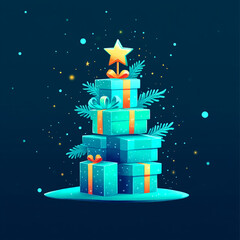 Christmas tree made of blue and green gift boxes, adorned with star on top and festive decorations, radiates joy and holiday spirit