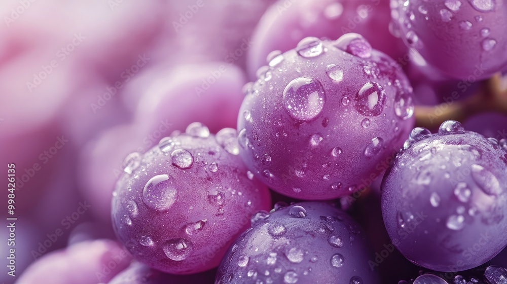 Poster Close-up of purple grapes covered in water droplets, glistening in soft light with selective focus on the juicy berries.