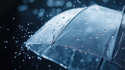 Transparent umbrella shielding from rain, with water splashes and droplets in the background