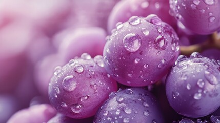 Obraz premium Close-up of purple grapes covered in water droplets, glistening in soft light with selective focus on the juicy berries.