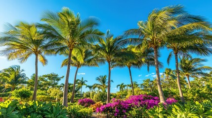 Visualize a group of coconut trees in a tropical garden