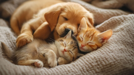  a puppy and kitten sleeping peacefully side by side