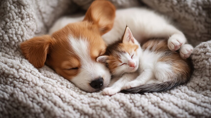  a puppy and kitten sleeping peacefully side by side