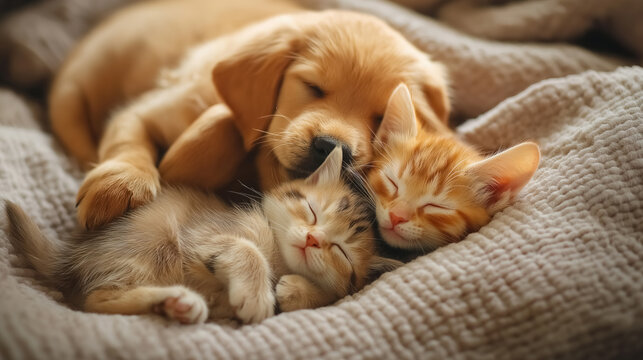  a puppy and kitten sleeping peacefully side by side