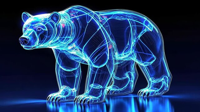 Futuristic blue cyber bear hologram on dark background