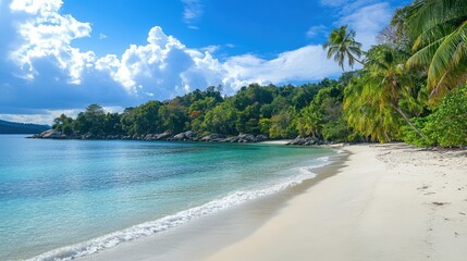 Fototapeta premium A tranquil beach with smooth white sand, clear blue water, and lush tropical vegetation under a bright sun.