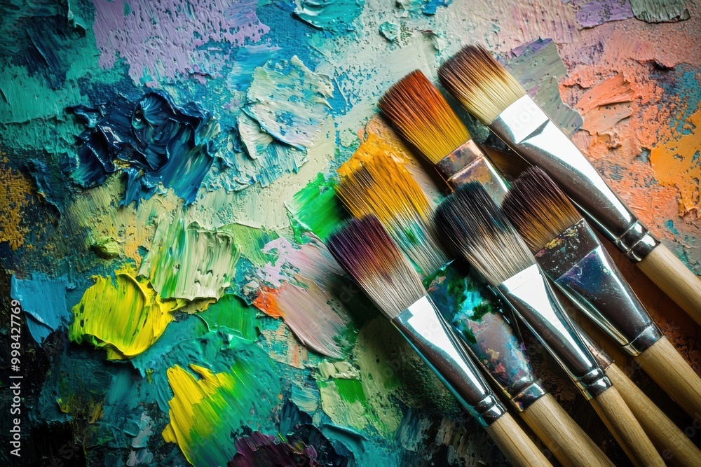Aufkleber Bright splashes of paint cover a palette, while paintbrushes lean against a canvas, creating a lively artistic atmosphere. Generative AI