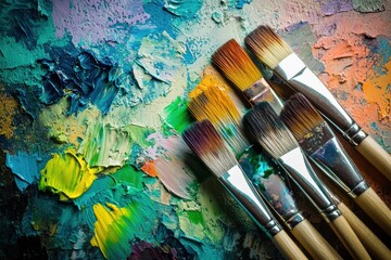 Obraz premium Bright splashes of paint cover a palette, while paintbrushes lean against a canvas, creating a lively artistic atmosphere. Generative AI