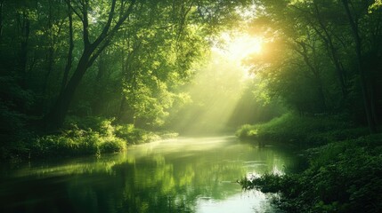 Obraz premium A tranquil river meandering through a lush forest, with sunlight filtering through the trees.