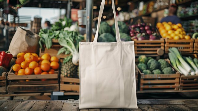 White canvas tote bag mockup at bustling farmer market, ai generated