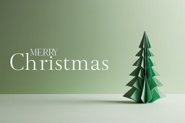 "Merry Christmas" text and Origami Christmas tree isolated on soft green background. New Year and Christmas concept. AI generated