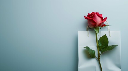 Obraz premium Single red rose rests on top of white paper bag mockup viewed from above, ai generated