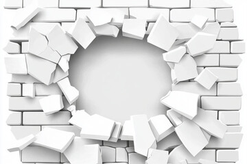 Obraz premium cracked white hole in wall creates striking visual effect, showcasing broken bricks and fragments. This image evokes sense of destruction and transformation