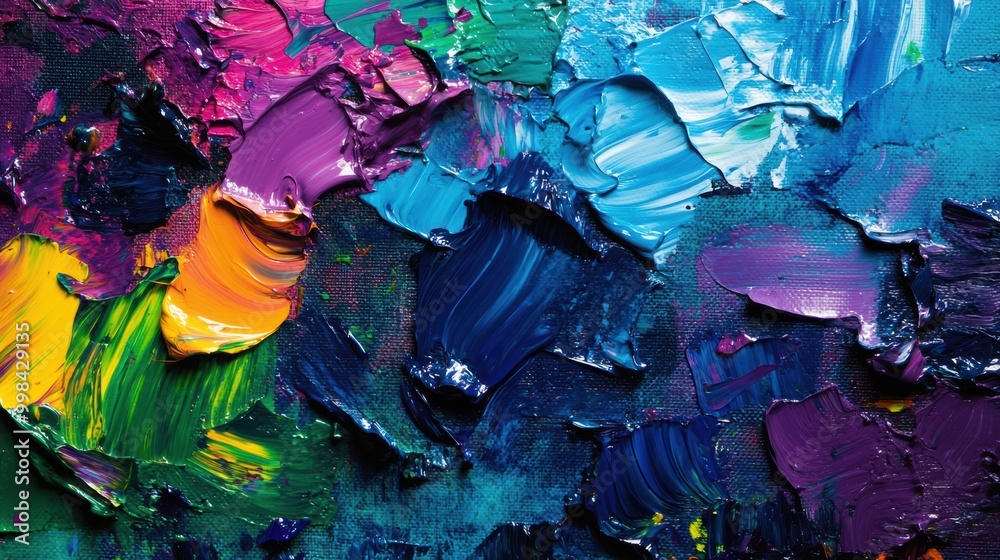 Poster The palette displays bright paint splashes while brushes rest on an abstract canvas, highlighting a lively creative process. Generative AI