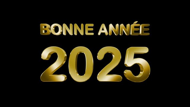 Animation of Happy New Year 2025 (Bonne Ann&eacute;e) wishes in French, with 3D golden text illuminated by light rays. Perfect for New Year&rsquo;s Eve celebrations and video greeting