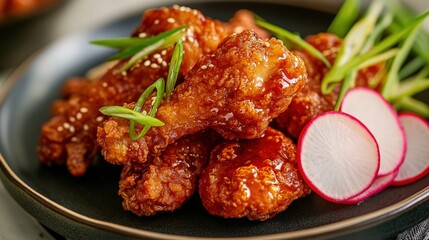 Visualize a plate of Korean-style fried chicken, with pieces double-fried for extra crunch.