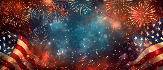 Vibrant fireworks light up the night sky on July 4th, celebrating Independence Day with an American flag in the background, capturing the patriotic spirit.