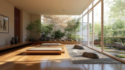 Fototapeta premium minimalist loft interior with floortoceiling windows warm wood floors and zen garden view soft natural light creates a serene atmosphere in the spacious uncluttered room