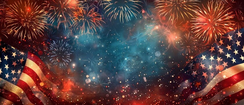 Vibrant fireworks light up the night sky on July 4th, celebrating Independence Day with an American flag in the background, capturing the patriotic spirit.