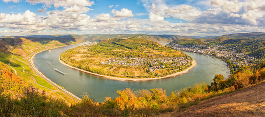 Autumnal mood at the bend of River Rhine near Boppard, panoramic view