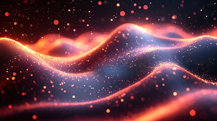 Obraz premium An abstract background features glowing grids and wave shapes, focusing on science and technology themes.