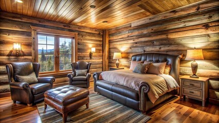 Fototapeta premium Cozy cabin style Southwestern Bedroom with leather armchair and stacked wood accent wall
