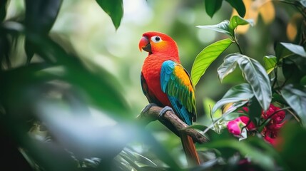 Obraz premium A vibrant tropical bird perched on a branch, surrounded by lush greenery and exotic flowers.