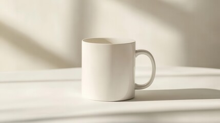 minimalist product shot of a pristine white ceramic mug soft shadows and subtle reflections emphasize the clean lines and smooth texture against a neutral background