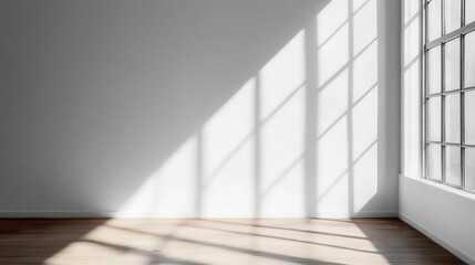 minimalist room interior stark white walls geometric shadows from unseen window warm wooden floor play of light and shadow contemplative empty space