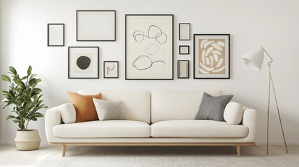 A modern living room featuring stylish white sofa adorned with decorative pillows, complemented by gallery wall of framed art. potted plant adds touch of greenery, enhancing cozy atmosphere