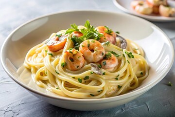 Creamy spaghetti shrimp with truffle sauce on a white plate