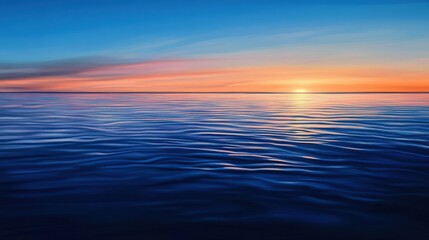 Fototapeta premium Visualize a serene dusk scene with a deep blue sky and the soft glow of the setting sun over a calm sea.