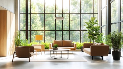 A modern living room with large windows, a white rug, brown leather chairs, and a coffee table.