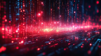 Fototapeta premium An abstract background of binary code, highlighting big data coding and hacker themes in technology with a blend of red and blue digit motion.