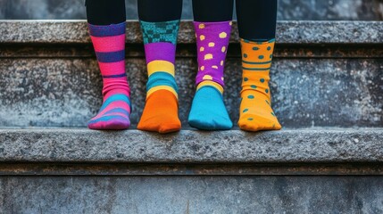 mismatched socks on feet standing on stairs quirky fashion for odd socks day