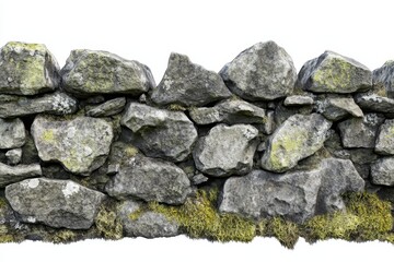 A weathered stone wall covered with moss and lichen, showcasing natural textures.