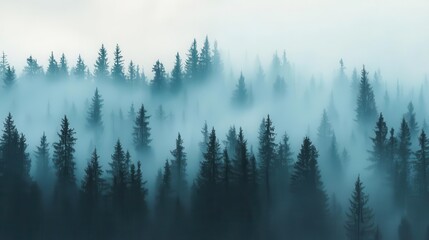 misty forest landscape ethereal fog among tall trees mysterious atmosphere muted color palette