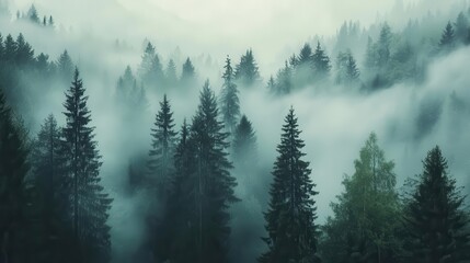Fototapeta premium misty forest landscape ethereal fog among tall trees mysterious atmosphere muted color palette