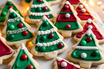 Christmas Tree shaped sugar cookies on a brown background. AI generated