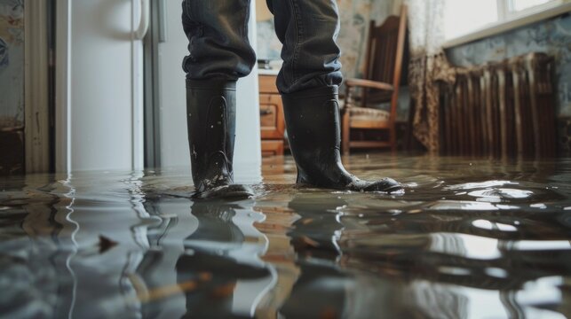 A man in boots is standing in a flooded room